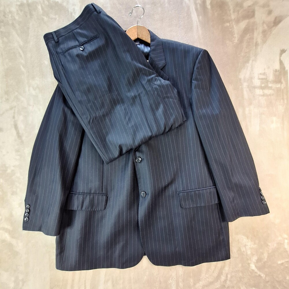 Baroni Suit Mens 48 42x28 Blue Wool Stripe Double Vent 2 Button 2 Piece Formal